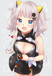 Rule 34 | 1girl, :d, bare shoulders, black dress, blue eyes, blush, breasts, cleavage, cleavage cutout, clothes pull, clothing cutout, commentary request, cowboy shot, dress, dress pull, fang, from above, grey background, hair ornament, hairclip, heart, highres, kaguya luna, large breasts, long hair, looking at viewer, obi, open mouth, sash, sidelocks, silver hair, simple background, sleeveless, sleeveless dress, smile, solo, star (symbol), the moon studio, thighhighs, twintails, virtual youtuber, yukiu con
