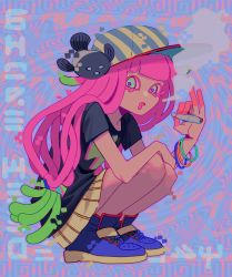Rule 34 | 1girl, bangle, baseball cap, black shirt, blue background, blue footwear, blunt bangs, bracelet, caffstrink, cigarette, clownfish, colored eyelashes, drooling, female focus, fish, flat chest, from side, full body, glitch, green eyes, green hair, hair tie, hand on own knee, hands up, harmony&#039;s clownfish (splatoon), harmony (splatoon), hat, holding, holding cigarette, inkling (language), jewelry, legs together, long hair, looking at viewer, marijuana, miniskirt, mouth drool, multicolored eyes, multicolored hair, nintendo, open mouth, pink hair, pink pupils, pleated skirt, shirt, shoes, short sleeves, skirt, smoke, smoking, solo, splatoon (series), splatoon 3, squatting, striped clothes, striped headwear, tentacle hair, tentacles, text background, tropical fish, twintails, two-tone hair, yellow hat, yellow skirt
