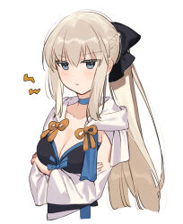 Rule 34 | 1girl, :t, arms under breasts, black bow, black dress, blue bow, blue choker, blue eyes, bow, braid, breasts, choker, cleavage, commentary request, cropped torso, crossed arms, dress, fate/grand order, fate (series), grey hair, hair bow, highres, long hair, long sleeves, looking at viewer, morgan le fay (fate), ponytail, pout, rizu033, sidelocks, simple background, solo, white background, white sleeves