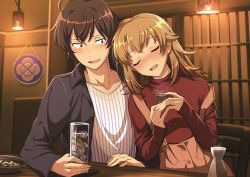 Rule 34 | 1boy, 1girl, :d, ahoge, alcohol, black shirt, blush, brown hair, buttons, chair, coaster, collared shirt, commentary request, cup, drink, drinking glass, drunk, highres, hikigaya hachiman, holding, holding cup, hotaru iori, ice, ice cube, indoors, isshiki iroha, leaning on person, light brown hair, long hair, long sleeves, looking at another, on chair, open mouth, overalls, pink overalls, red shirt, second-party source, shirt, short hair, side-by-side, sitting, smile, strap slip, striped clothes, striped shirt, sweatdrop, vertical-striped clothes, vertical-striped shirt, white shirt, yahari ore no seishun lovecome wa machigatteiru.