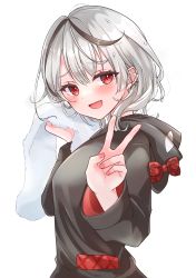 Rule 34 | 1girl, absurdres, blush, bow, breasts, commentary, ear piercing, fangs, grey hair, grey sweater, hair between eyes, highres, hololive, hood, hoodie, large breasts, long sleeves, looking at viewer, medium hair, multicolored hair, nail polish, null maru, open mouth, peace symbol, piercing, red bow, red eyes, sakamata chloe, smile, solo, sweater, towel, virtual youtuber, wet, white background
