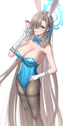 Rule 34 | 1girl, absurdres, animal ears, asuna (blue archive), asuna (bunny) (blue archive), bare shoulders, blue archive, blue bow, blue eyes, blush, bow, breasts, brown hair, brown pantyhose, covered navel, dice, fake animal ears, gloves, hair bow, hair over one eye, halo, hand on own hip, highres, holding, holding dice, leotard, long hair, looking at viewer, mole, mole on breast, open mouth, pantyhose, pink lips, playboy bunny, qrio 77, rabbit ears, simple background, skindentation, smile, solo, teeth, very long hair, w, white background, white gloves
