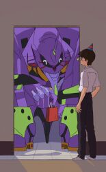 Rule 34 | 1boy, ^ ^, bag, black pants, blush, brown hair, chimeraenvy, closed eyes, collared shirt, commentary, doorway, english commentary, eva 01, giving, hat, highres, holding, holding bag, ikari shinji, indoors, male focus, mecha, neon genesis evangelion, open mouth, pants, paper bag, party hat, robot, school uniform, shirt, shoes, short hair, size difference, squatting, standing, surprised, white footwear, white shirt