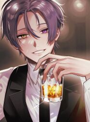 Rule 34 | 1boy, alcohol, bartender, bishounen, black necktie, cup, drinking glass, heterochromia, holding, holding cup, ice, ice cube, kuya (nu carnival), long sleeves, looking at viewer, male focus, mole, mole under eye, necktie, nu carnival, parted lips, purple eyes, purple hair, purple nails, short hair, smile, whiskey, yaaakubi, yellow eyes