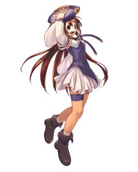 Rule 34 | 1girl, :d, arm up, atelier (series), atelier iris, atelier iris eternal mana, blush, boots, brown eyes, brown hair, detached sleeves, dress, female focus, flat chest, full body, futaba jun, gust, hand on headwear, lita blanchimont, long hair, looking at viewer, looking back, official art, open mouth, pleated skirt, profile, short dress, simple background, skirt, smile, socks, solo, standing, strap, thigh strap, very long hair, white background