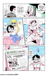 Rule 34 | 2boys, 2girls, alternate language, comic, english text, glasses, highres, lighthouse, limited palette, mermaid, monster girl, multicolored hair, multiple boys, multiple girls, newspaper, original, pointy ears, shepherd0821, smoking, stitches, streaked hair, zombie