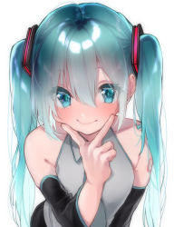 Rule 34 | 1girl, aqua eyes, aqua hair, armpit crease, bare shoulders, black skirt, blush, closed mouth, collarbone, collared shirt, commentary request, cowboy shot, detached sleeves, grey shirt, hair between eyes, hair ornament, hand up, hatsune miku, highres, leaning forward, long hair, long sleeves, looking at viewer, necktie, rinku (rin9), shirt, sidelocks, simple background, skirt, smile, solo, tattoo, twintails, twintails day, v, vocaloid, white background