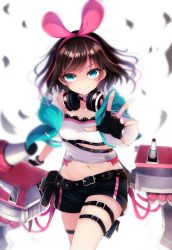 Rule 34 | 1girl, aqua jacket, azur lane, bare shoulders, belt, belt pouch, black gloves, black shorts, blue eyes, blurry, breasts, brown hair, choker, cleavage, collarbone, commentary request, cowboy shot, crop top, depth of field, fingerless gloves, gloves, groin, hairband, headphones, headphones around neck, highres, jacket, kizuna ai, kizuna ai (a.i. games), kizuna ai (supergamer) (azur lane), kizuna ai inc., lace trim, leg belt, looking at viewer, machinery, midriff, multicolored hair, navel, off shoulder, official alternate costume, open clothes, open jacket, outstretched hand, pink hair, pouch, shiira (nya rl), short hair, short shorts, shorts, skindentation, small breasts, smile, solo, streaked hair, torpedo tubes, turret, virtual youtuber, white background