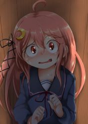Rule 34 | 10s, 1girl, crescent, crescent hair ornament, gradient background, hair ornament, kantai collection, long hair, nassukun, red eyes, red hair, scared, school uniform, serafuku, solo, striped, striped background, uzuki (kancolle), you gonna get raped