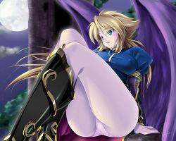 Rule 34 | 1girl, arm support, bad id, bad pixiv id, black wings, blonde hair, blue eyes, blush, boots, breasts, breath of fire, breath of fire ii, cloud, covered erect nipples, dress, full moon, gloves, knee boots, large breasts, legs, long hair, long legs, moon, night, nina (breath of fire ii), no bra, outdoors, panties, panties under pantyhose, pantyhose, pantyshot, parted lips, shirt, signature, sitting, solo, taut clothes, taut dress, taut shirt, thighs, tree, tsubame (minami haruka), underwear, white gloves, white panties, white pantyhose, wings