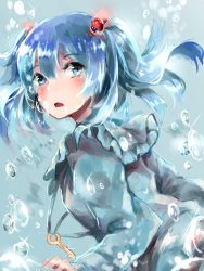 Rule 34 | 1girl, blouse, blue eyes, blue hair, blush, bubble, hair bobbles, hair ornament, highres, kaneblob, kawashiro nitori, key, looking back, matching hair/eyes, open mouth, red eyes, shirt, short hair, skirt, skirt set, solo, sparkle, touhou, twintails, two side up, upper body