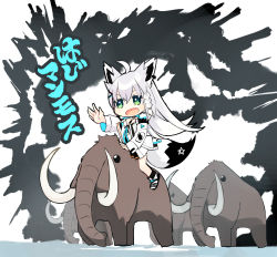 Rule 34 | 1girl, ahoge, animal ears, braid, commentary request, eyebrows hidden by hair, fox ears, fox girl, fox tail, green eyes, hair between eyes, highres, hololive, jacket, mammoth, misono denpachi, open clothes, open jacket, open mouth, outstretched arm, riding, shirakami fubuki, shirakami fubuki (fubukitek), sidelocks, single braid, solo, tail, translation request, virtual youtuber, white hair, white jacket
