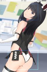 Rule 34 | 1girl, agatsuma kaede, alice gear aegis, animal ears, arms at sides, ass, black hair, blunt bangs, blurry, depth of field, elbow gloves, fake animal ears, from side, gloves, halterneck, head tilt, highres, leotard, long hair, looking at viewer, looking back, maxdeng, solo, standing, thighhighs, white gloves, white thighhighs