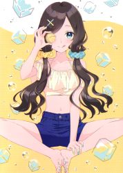 Rule 34 | 1girl, ;q, absurdres, bare legs, bare shoulders, barefoot, blue eyes, blue nails, blue shorts, bubble, butterfly sitting, closed mouth, crop top, fingernails, hair ornament, hair over shoulder, hair scrunchie, halterneck, hand up, highres, holding, ice, ice cube, knees apart feet together, long fingernails, long hair, looking at viewer, low twintails, masuishi kinoto, midriff, multicolored nails, nail polish, navel, one eye closed, original, scan, scrunchie, shirt, short shorts, shorts, sitting, smile, solo, thighs, toenail polish, toenails, tongue, tongue out, twintails, x hair ornament, yellow nails, yellow shirt