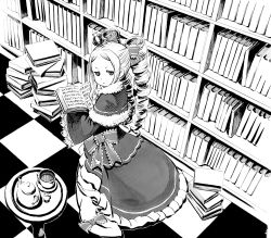 Rule 34 | 10s, 1girl, absurdres, beatrice (re:zero), book, book stack, bookshelf, bow, butterfly-shaped pupils, crown, cup, dress, drill hair, from above, greyscale, hair bow, highres, indoors, long hair, looking at viewer, looking back, mini crown, monochrome, open book, re:zero kara hajimeru isekai seikatsu, solo, standing, symbol-shaped pupils, table, teacup, teapot, tile floor, tiles, ume (yume uta da), wide sleeves