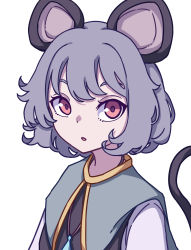 Rule 34 | 1girl, absurdres, animal ears, blue capelet, capelet, eyebrows hidden by hair, grey hair, highres, jewelry, kame (kamepan44231), looking at viewer, mouse ears, mouse tail, nazrin, one-hour drawing challenge, open mouth, pendant, red eyes, short hair, simple background, solo, tail, touhou, upper body, white background