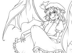 Rule 34 | 1girl, back bow, bat wings, bow, collared shirt, feet out of frame, frilled headwear, frilled skirt, frilled sleeves, frills, gion (irumi), greyscale, hair between eyes, hat, hat ribbon, large bow, large wings, medium hair, mob cap, monochrome, puffy short sleeves, puffy sleeves, remilia scarlet, ribbon, ribbon-trimmed headwear, ribbon trim, shirt, short sleeves, simple background, skirt, solo, touhou, wings
