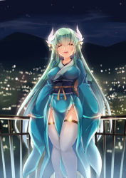Rule 34 | 1girl, :d, aqua hair, breasts, city lights, fate/grand order, fate (series), horns, japanese clothes, kimono, kiyohime (fate), long hair, looking at viewer, medium breasts, mountain, night, open mouth, outdoors, sesield, smile, solo, standing, thighhighs, thighs, very long hair, white thighhighs, yellow eyes