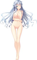 Rule 34 | 1girl, absurdres, barefoot, blue eyes, blush, braid, breasts, collarbone, completely nude, french braid, full body, gluteal fold, hand on own chest, haru uso -passing memories-, highres, large breasts, long hair, navel, nipples, no pussy, non-web source, nude, official art, one eye closed, riichu, silver hair, smile, solo, teidou setsuka, transparent background, uso (campus)