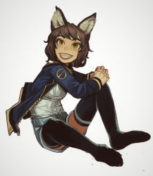 Rule 34 | 1girl, animal ears, black legwear, blue jacket, blue shorts, borrowed character, brown hair, fangs, fingernails, fox ears, from side, grey nails, grin, highres, interlocked fingers, jacket, looking at viewer, medium hair, mossacannibalis, nail polish, open clothes, open jacket, original, own hands together, shirt, short shorts, shorts, simple background, sitting, smile, solo, thighhighs, white background, white shirt, yellow eyes
