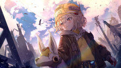 Rule 34 | 1girl, belt, bird, blonde hair, blue sky, blush, bodysuit, volt (nikke), breasts, brown jacket, chinese commentary, closed mouth, cloud, cloudy sky, commentary request, cowboy shot, crossed bangs, day, dog, dogdogwanwan, gloves, goddess of victory: nikke, hair between eyes, hard hat, helmet, highres, hood, hood down, jacket, liter (nikke), looking to the side, mixed-language commentary, non-humanoid robot, open clothes, open jacket, orange eyes, outdoors, power lines, robot, robot animal, robot dog, short hair, sky, small breasts, solo, utility belt, utility pole, walkie-talkie, white hood, yellow bodysuit, yellow headwear
