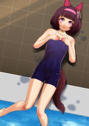 Rule 34 | 1girl, absurdres, animal ears, bare arms, bare shoulders, blue one-piece swimsuit, breasts, brown hair, covered navel, ear covers, feet out of frame, hair intakes, hair ornament, hairband, hands on own chest, highres, horse ears, horse girl, horse tail, looking at viewer, lying, moriseishiro (uroshiiserimo), nishino flower (umamusume), on back, one-piece swimsuit, parted lips, pink eyes, pool, school swimsuit, short hair, signature, small breasts, solo, swimsuit, tail, tracen swimsuit, umamusume, water, wet, x hair ornament
