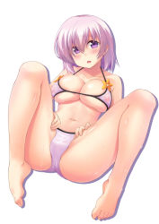 Rule 34 | 1girl, :o, alternate costume, bad id, bad pixiv id, bare arms, bare legs, bare shoulders, barefoot, bikini, blush, breasts, collarbone, commentary, covered erect nipples, fate (series), feet, flower, foreshortening, full body, hair over one eye, head tilt, highres, large breasts, legs up, lying, mash kyrielight, navel, on back, open mouth, pink bikini, pink hair, purple eyes, raised eyebrows, see-through, short hair, simple background, solo, spread legs, stomach, string bikini, subaru (794829485), swimsuit, tareme, toenails, toes, underboob, water, water drop, wet, wet clothes, wet hair, wet swimsuit, white background