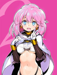 Rule 34 | 1girl, :d, blue eyes, breasts, cape, earrings, gloves, jewelry, looking at viewer, medium breasts, midriff, navel, onono imoko, open mouth, pink hair, rance (series), sill plain, smile, solo, standing, underboob, v, white cape, white gloves