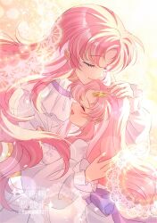 Rule 34 | 2girls, closed eyes, closed mouth, dress, gundam, gundam seed, gundam seed freedom, hair ornament, highres, hug, lacus clyne, long hair, long sleeves, mother&#039;s day, mother and daughter, multiple girls, open mouth, pink hair, smile, tsuna2727, very long hair