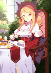 Rule 34 | 1girl, absurdres, blonde hair, bonnet, chair, cup, dress, drill hair, highres, holding, holding cup, iiiroha, long hair, plate, red dress, red eyes, sitting, smile, solo, table, teacup, tiered tray, warship girls r, warspite (warship girls r)