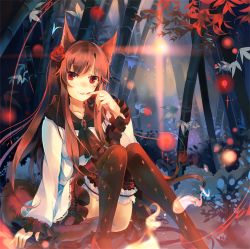 Rule 34 | 1girl, album cover, animal ears, bamboo, bamboo forest, brooch, brown eyes, brown hair, brown thighhighs, cover, dress, finger to mouth, forest, imaizumi kagerou, jewelry, kirero, long hair, long sleeves, nature, smile, solo, tail, thighhighs, touhou, white dress, wide sleeves, wolf ears, wolf tail, zettai ryouiki