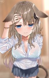 Rule 34 | 1girl, akino ell, animal ears, arm up, blue eyes, blurry, bra visible through clothes, breasts, brown hair, buttons, cat tail, closed mouth, cowboy shot, depth of field, dress shirt, floppy ears, grey skirt, hair ornament, hairclip, hand on own head, highres, large breasts, long hair, long sleeves, looking down, miniskirt, multicolored nails, nail polish, original, partially unbuttoned, pleated skirt, see-through, shirt, skirt, solo, sweat, tail, wet, wet clothes, wet shirt, white shirt