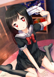 Rule 34 | 10s, 1girl, arm between legs, arm support, asagiri aya, black hair, black serafuku, black shirt, black skirt, black socks, blood, bloody tears, blurry, blurry background, book, bow, bowtie, chinomaron, collarbone, commentary request, depth of field, dutch angle, feet, gun, gun to head, handgun, head tilt, heart, heart-shaped pupils, highres, holding, holding gun, holding weapon, indoors, kneehighs, long hair, looking at viewer, mahou shoujo site, no shoes, on floor, parted lips, pleated skirt, red bow, red bowtie, red eyes, revision, rug, sailor collar, school uniform, serafuku, shirt, short sleeves, signature, skirt, socks, solo, suicide, symbol-shaped pupils, tears, weapon, white sailor collar