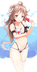 Rule 34 | 1girl, absurdres, ahoge, airool, animal, animal ears, arknights, bare shoulders, bikini, black bikini, breasts, brown hair, carrying, collarbone, commentary request, curled horns, eyjafjalla (arknights), food, fruit, gradient hair, highleg, highleg bikini, highres, holding, horns, long hair, looking at viewer, multi-strapped bikini, multicolored hair, navel, parted lips, red eyes, revision, sheep, skindentation, small breasts, solo, standing, swimsuit, thighhighs, thighs, very long hair, watermelon, wavy hair, wet, white thighhighs