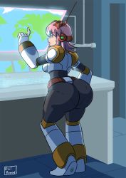 Rule 34 | 1girl, android, ass, axel-rosered, belt, blue eyes, blush, bodysuit, breasts, capcom, computer, display, embarrassed, full body, gloves, headset, highres, huge ass, large breasts, looking back, map, mega man (series), mega man x: command mission, mega man x (series), multicolored hair, nana (mega man x: command mission), open mouth, pantylines, pink hair, screen, short hair, solo, standing, two-tone hair, white gloves, white hair