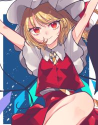 Rule 34 | 1girl, arms up, blonde hair, blue background, commentary request, crystal, flandre scarlet, hat, hat ribbon, knee up, looking at viewer, medium hair, miko (miko030751), mob cap, necktie, o/, one-hour drawing challenge, outstretched arms, red eyes, red ribbon, red skirt, red vest, ribbon, shirt, short sleeves, side ponytail, skirt, slit pupils, smile, solo, touhou, upper body, vest, white hat, white shirt, wings, yellow necktie