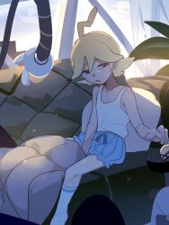 Rule 34 | 1boy, :o, ahoge, blonde hair, blue shorts, clemont (pokemon), collarbone, commentary request, creatures (company), cushion, game freak, green eyes, highres, indoors, knees, male focus, mechanical arms, medium hair, nintendo, pokemon, pokemon xy, shirt, shorts, sitting, sleeveless, sleeveless shirt, socks, solo, suikaels, tank top, white shirt, white socks