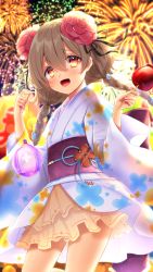 Rule 34 | 1girl, :d, aerial fireworks, bad id, bad pixiv id, black ribbon, blush, braid, brown eyes, candy apple, commentary request, fireworks, floral print, flower, food, hair between eyes, hair flower, hair ornament, hair ribbon, hands up, highres, holding, holding food, japanese clothes, kimono, kimono skirt, light brown hair, long hair, long sleeves, looking at viewer, low twintails, navy (navy.blue), night, night sky, obi, open mouth, outdoors, print kimono, red flower, red rose, ribbon, rose, sash, short kimono, sky, smile, solo, teria saga, twin braids, twintails, water yoyo, white kimono, wide sleeves