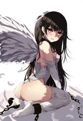 Rule 34 | 1girl, angel wings, ass, bba1985, black hair, blush, breasts, cage, chained, chain, cuffs, elbow gloves, feathered wings, feathers, from side, gloves, highres, leotard, long hair, looking at viewer, no shoes, original, parted lips, simple background, sitting, smile, solo, thong, thong leotard, white gloves, white legwear, white wings, wings
