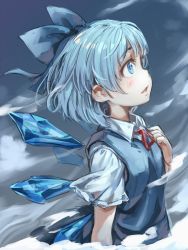 Rule 34 | 1girl, asutora, blue bow, blue dress, blue eyes, blue hair, blush, bow, cirno, commentary request, dress, from side, hair bow, hand on own chest, hand up, highres, ice, ice wings, looking up, neck ribbon, parted lips, pinafore dress, profile, red ribbon, ribbon, shirt, short hair, short sleeves, sleeveless dress, solo, touhou, upper body, white shirt, wing collar, wings