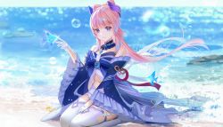 Rule 34 | 1girl, babydoll, bare shoulders, beach, blue bow, blue choker, blue eyes, blue gemstone, blue hair, blurry, blurry background, bow, bow-shaped hair, bubble, choker, colored tips, day, detached sleeves, fish, floating hair, frilled sleeves, frills, gem, genshin impact, gloves, gradient hair, half gloves, hand on own thigh, hand up, head wings, highres, honnou (kjs9504), lace-trimmed choker, lace trim, long hair, long sleeves, looking at viewer, multicolored hair, navel, ocean, outdoors, pink hair, sand, sangonomiya kokomi, seiza, sitting, solo, sparkle, thighhighs, vision (genshin impact), white gloves, white thighhighs, wide sleeves, wings