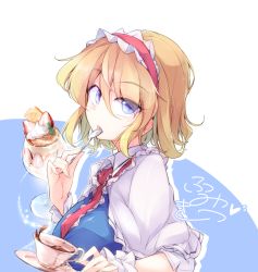 Rule 34 | 1girl, alice margatroid, blonde hair, blue background, blue dress, blue eyes, breasts, capelet, commentary request, cup, cupping glass, dress, food, frilled neckwear, frilled shirt collar, frills, fruit, fumitsuki (minaduki 6), hair between eyes, hairband, hand up, holding, holding spoon, large breasts, lolita hairband, looking at viewer, open mouth, parfait, red hairband, red neckwear, short hair, sidelocks, solo, spoon, strawberry, teacup, touhou, two-tone background, white background, white capelet, wrist cuffs