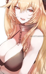 Rule 34 | 1girl, anne bonny (fate), arms at sides, artist name, bare shoulders, bikini, black bikini, blonde hair, breasts, chain, cleavage, close-up, collar, fate/grand order, fate (series), hair between eyes, hair ornament, hair scrunchie, highres, kojima (blue stardust), large breasts, long hair, looking at viewer, open mouth, orange eyes, scrunchie, simple background, smile, solo, swimsuit, teeth, upper body, white background