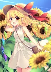 Rule 34 | 1girl, :d, arm up, armpit peek, bag, bare arms, bare shoulders, blonde hair, blue sky, blush, brown hat, buttons, cloud, collared dress, commentary request, contrail, crystal, day, dress, fang, flandre scarlet, flower, gradient sky, hair between eyes, handbag, hat, hat ribbon, leg up, long hair, looking at viewer, open mouth, outdoors, red eyes, red ribbon, ribbon, ruhika, sandals, sky, sleeveless, sleeveless dress, smile, solo, standing, standing on one leg, straw hat, sunflower, touhou, white dress, wing collar, wings