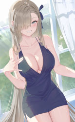 Rule 34 | 1girl, absurdres, asuna (blue archive), bare shoulders, blue archive, blue eyes, breasts, cleavage, cowboy shot, dress, grin, highres, large breasts, light brown hair, long hair, mole, mole on breast, one eye covered, rosumerii, short dress, sleeveless, sleeveless dress, smile, solo, thighs, window