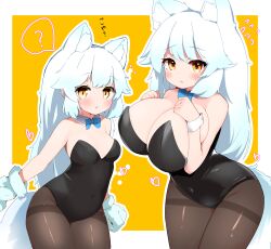 Rule 34 | 2girls, :o, ?, alternate breast size, animal ear fluff, animal ears, animal hands, arctic fox (kemono friends), berusa (berutoo), black leotard, black pantyhose, blush, bow, bowtie, breast suppress, breasts, cleavage, covered navel, detached collar, dual persona, flying sweatdrops, fox ears, fox girl, fox tail, gloves, heart, highres, kemono friends, kemono friends 3, large breasts, leotard, long hair, multiple girls, nontraditional playboy bunny, orange background, pantyhose, paw gloves, simple background, small breasts, spoken question mark, tail, thighband pantyhose, very long hair, white hair, wrist cuffs, yellow eyes