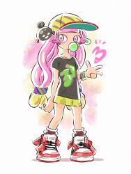 Rule 34 | 1girl, absurdres, appleq, bangle, baseball cap, black shirt, blowing bubbles, bracelet, brown socks, chewing gum, clownfish, commentary request, fish, full body, green eyes, harmony (splatoon), hat, heart, highres, jewelry, long hair, looking at viewer, nintendo, pink hair, pleated skirt, red footwear, shirt, shoes, short sleeves, skirt, socks, solo, splatoon (series), splatoon 3, standing, very long hair, yellow hat, yellow skirt