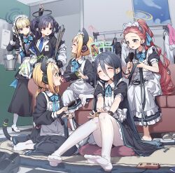 Rule 34 | &lt;key&gt; (robot) (blue archive), 6+girls, absurdres, adjusting another&#039;s hair, animal ear headphones, animal ears, apron, aris (blue archive), aris (maid) (blue archive), black dress, black footwear, blonde hair, blue archive, blue eyes, blue halo, bow, bucket, bun cover, cat tail, checkered floor, closed eyes, closed mouth, comb, controller, couch, door, double v, dress, fake animal ears, frilled apron, frills, game controller, game development department (blue archive), green eyes, green halo, hair bow, hair bun, halo, handheld game console, headphones, highres, holding, holding bucket, holding comb, holding handheld game console, indoors, long sleeves, maid, maid apron, maid headdress, mechanical halo, midori (blue archive), midori (maid) (blue archive), momoi (blue archive), momoi (maid) (blue archive), multiple girls, open mouth, pantyhose, pink halo, purple eyes, purple hair, red hair, shoes, short sleeves, siblings, single hair bun, sisters, sitting, smile, tail, toki (blue archive), twins, two side up, unworn footwear, v, white apron, white bow, white pantyhose, yellow halo, yukie (kusaka shi), yuuka (blue archive), yuzu (blue archive), yuzu (maid) (blue archive)