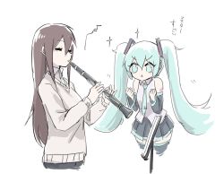 Rule 34 | 2girls, aqua eyes, aqua hair, aqua necktie, bare shoulders, black skirt, black sleeves, brown hair, clarinet, clenched hands, closed eyes, commentary, detached sleeves, eighth note, grey shirt, hair ornament, hands up, hatsune miku, holding, holding instrument, impressed, instrument, long hair, master (vocaloid), multiple girls, music, music stand, musical note, necktie, nejikyuu, playing instrument, shirt, shoulder tattoo, skirt, sleeveless, sleeveless shirt, sparkle, sweater, tattoo, translated, twintails, v-shaped eyebrows, very long hair, vocaloid