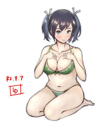 Rule 34 | 1girl, artist logo, blue eyes, blue hair, bra, breasts, cleavage, collarbone, commentary request, dated, green bra, green panties, highres, kantai collection, large breasts, ld (luna dial398), looking at viewer, navel, one-hour drawing challenge, panties, seiza, short hair, simple background, sitting, solo, souryuu (kancolle), tongue, tongue out, twintails, underwear, white background